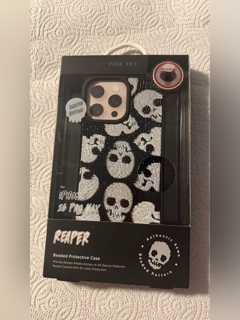 NWT Reaper Beaded Protective Case for iPhone 16 Pro Max - Black & White Skull